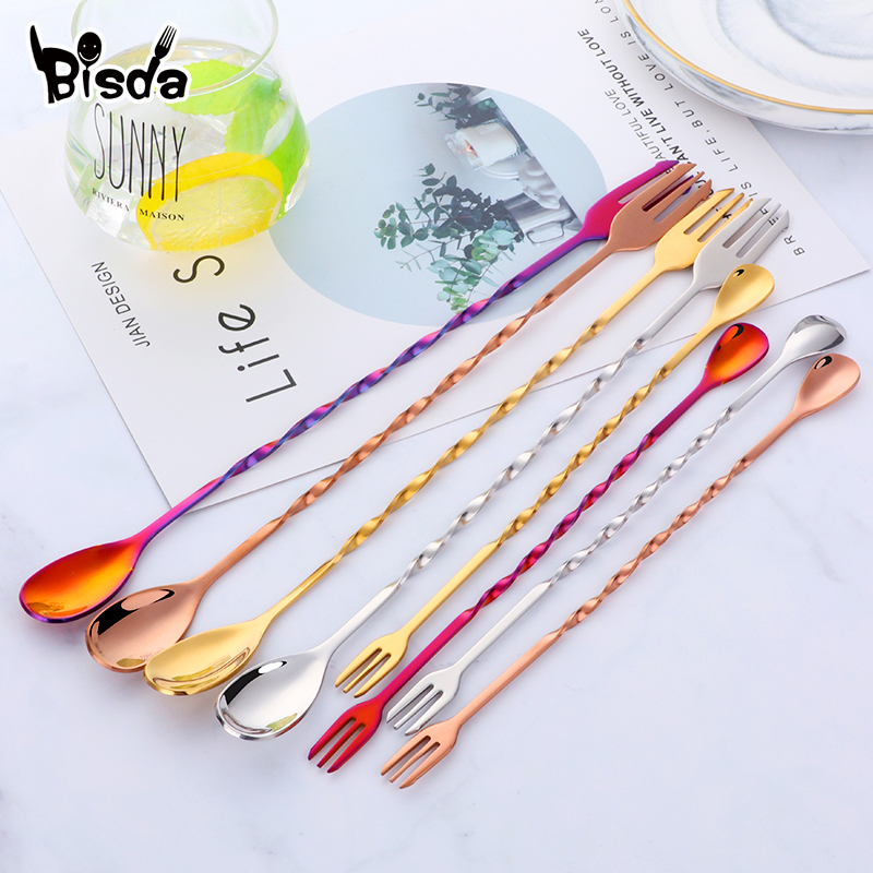 Bar Spoon Twisted - Łyżki koktajlowe z widelcem, stal nierdzewna